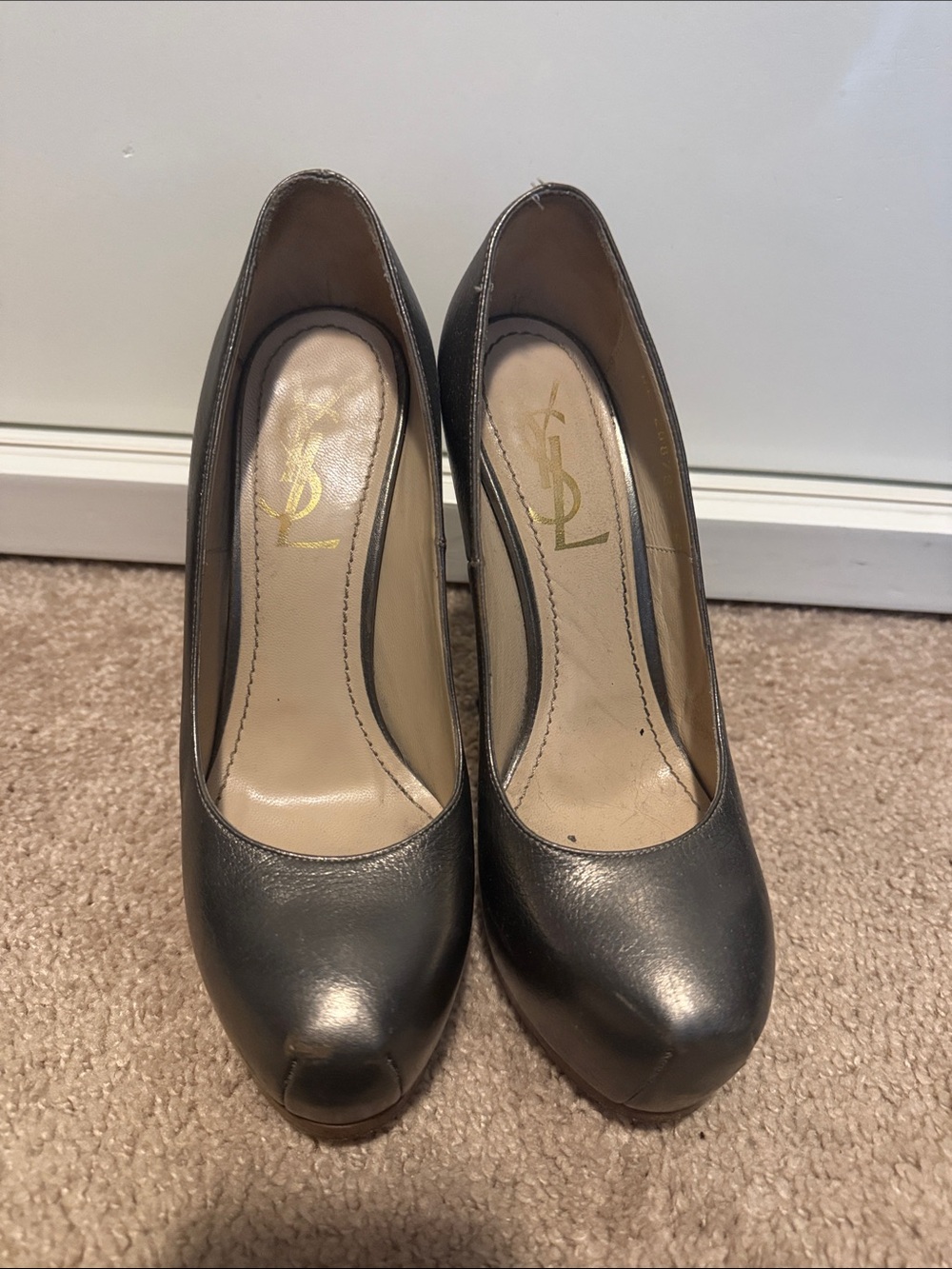 Yves Saint Laurent Metallic Charcoal Gray Leather Peep-Toe Pumps